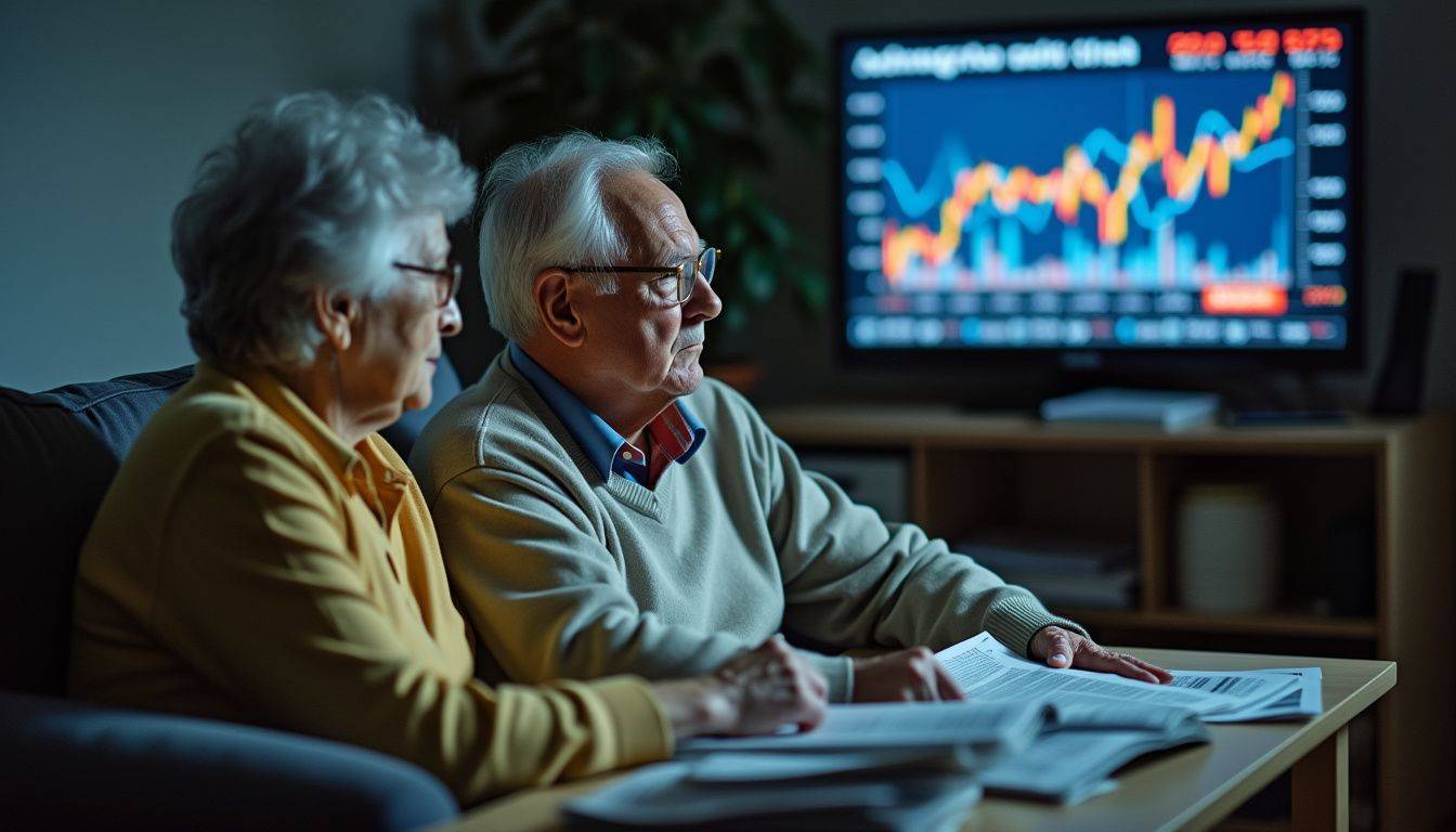 Elderly couple anxiously watching news about global gold prices.