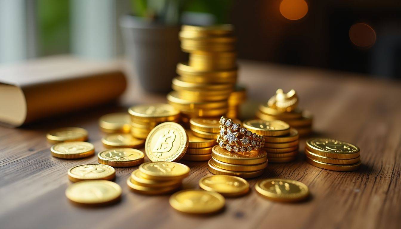 A variety of gold items including coins, bars, and jewelry arranged on a wooden table.