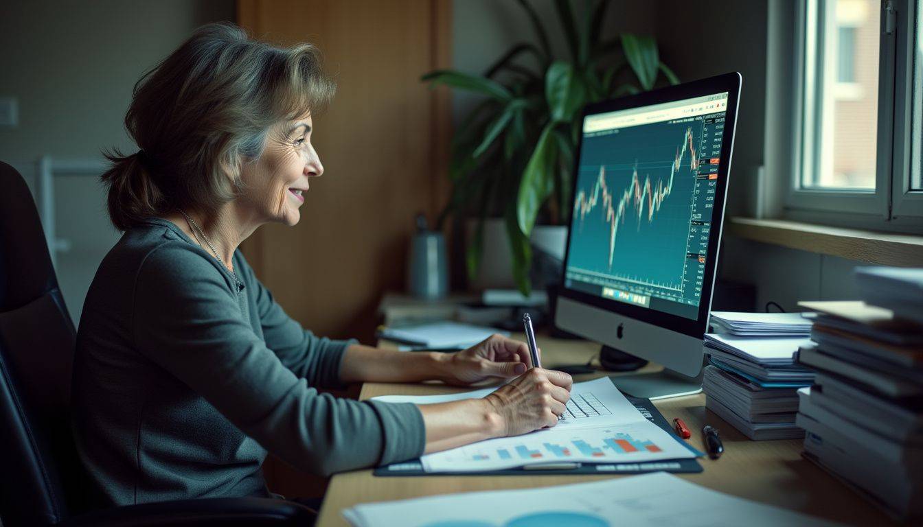 A woman analyzes gold rates surrounded by financial reports in a cluttered office.