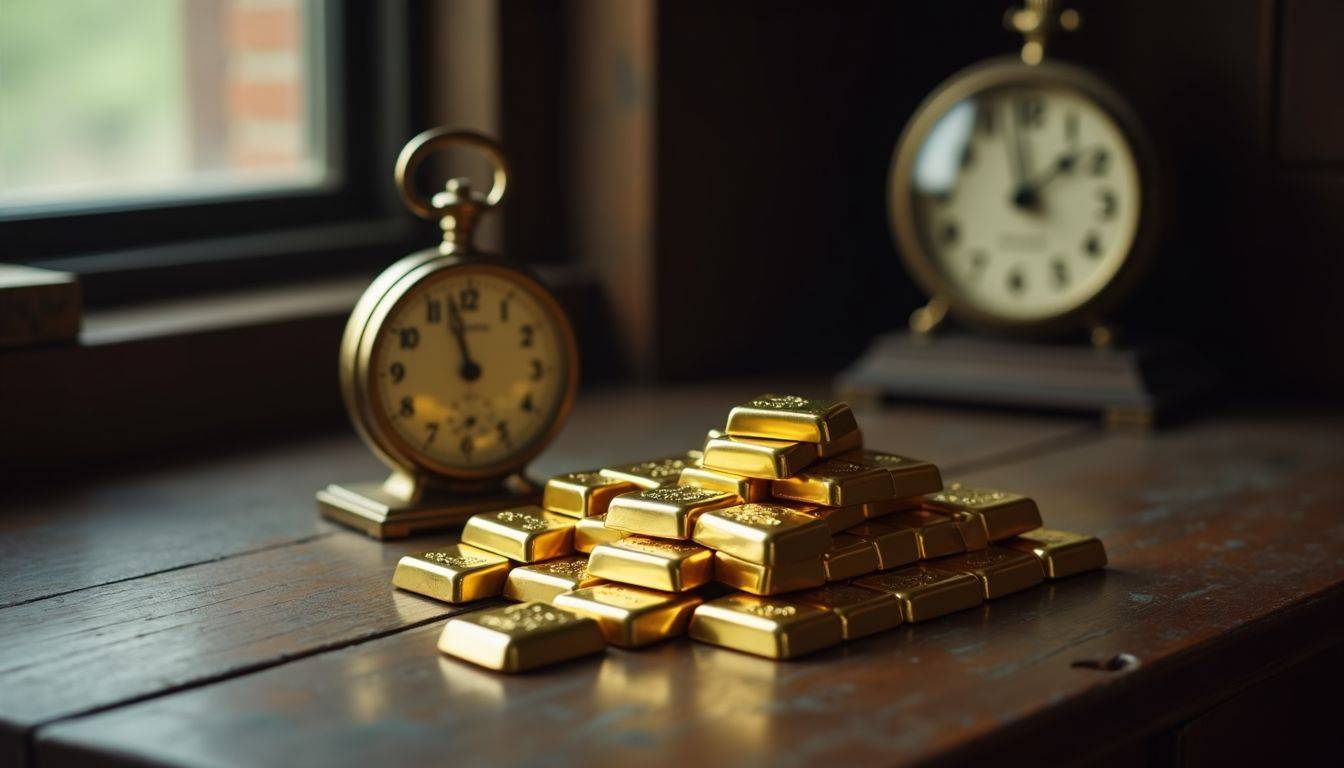 A dimly lit room with a wooden desk filled with gold bars and a vintage scale.