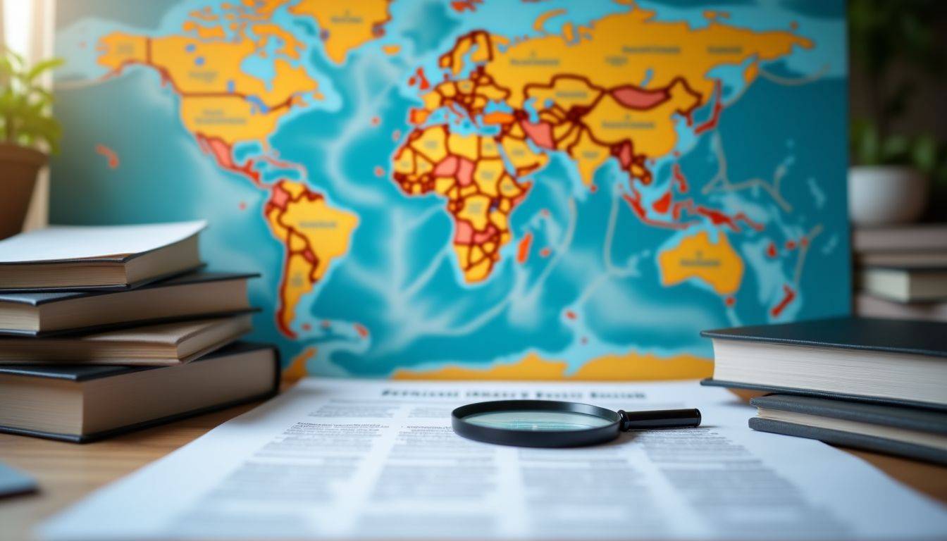 A cluttered desk with financial reports, books on global economics, and a world map featuring gold-producing areas.