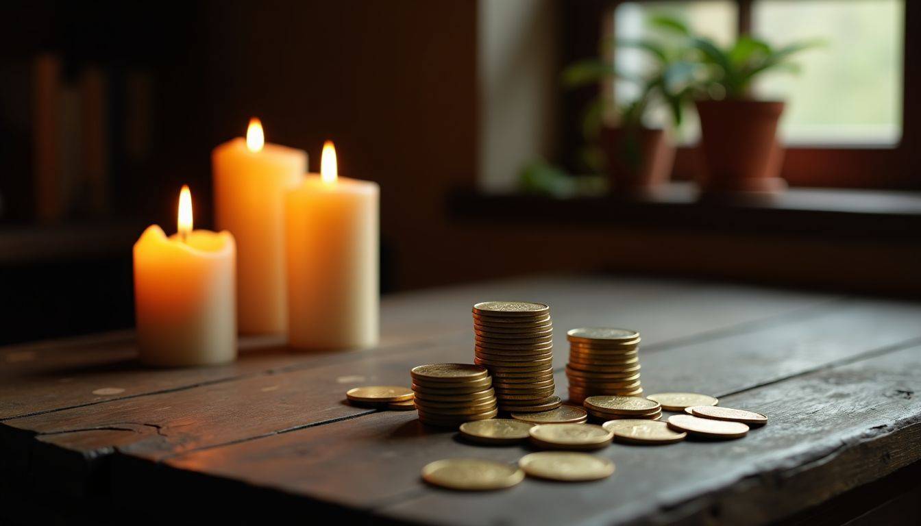 An antique stack of gold coins on a weathered wooden table.