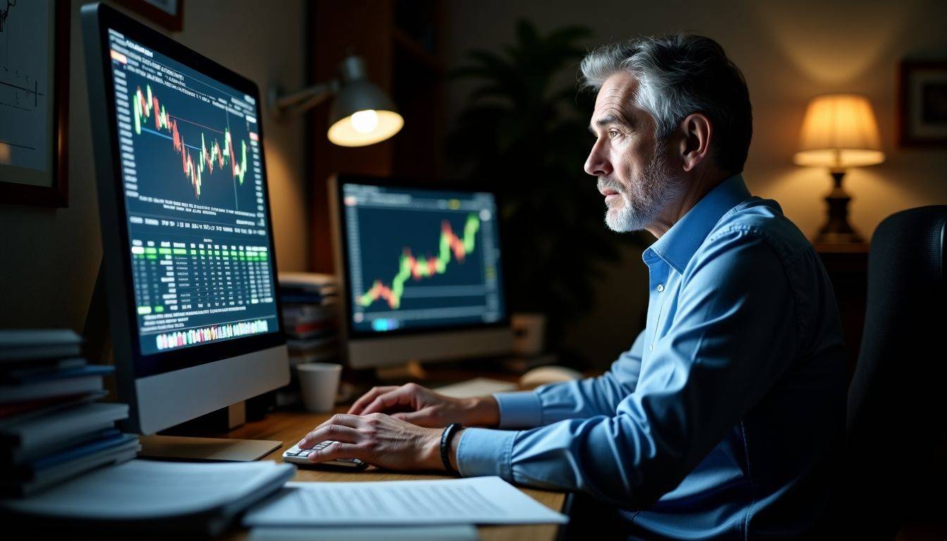 A middle-aged man anxiously checks stock market charts in cluttered home office.