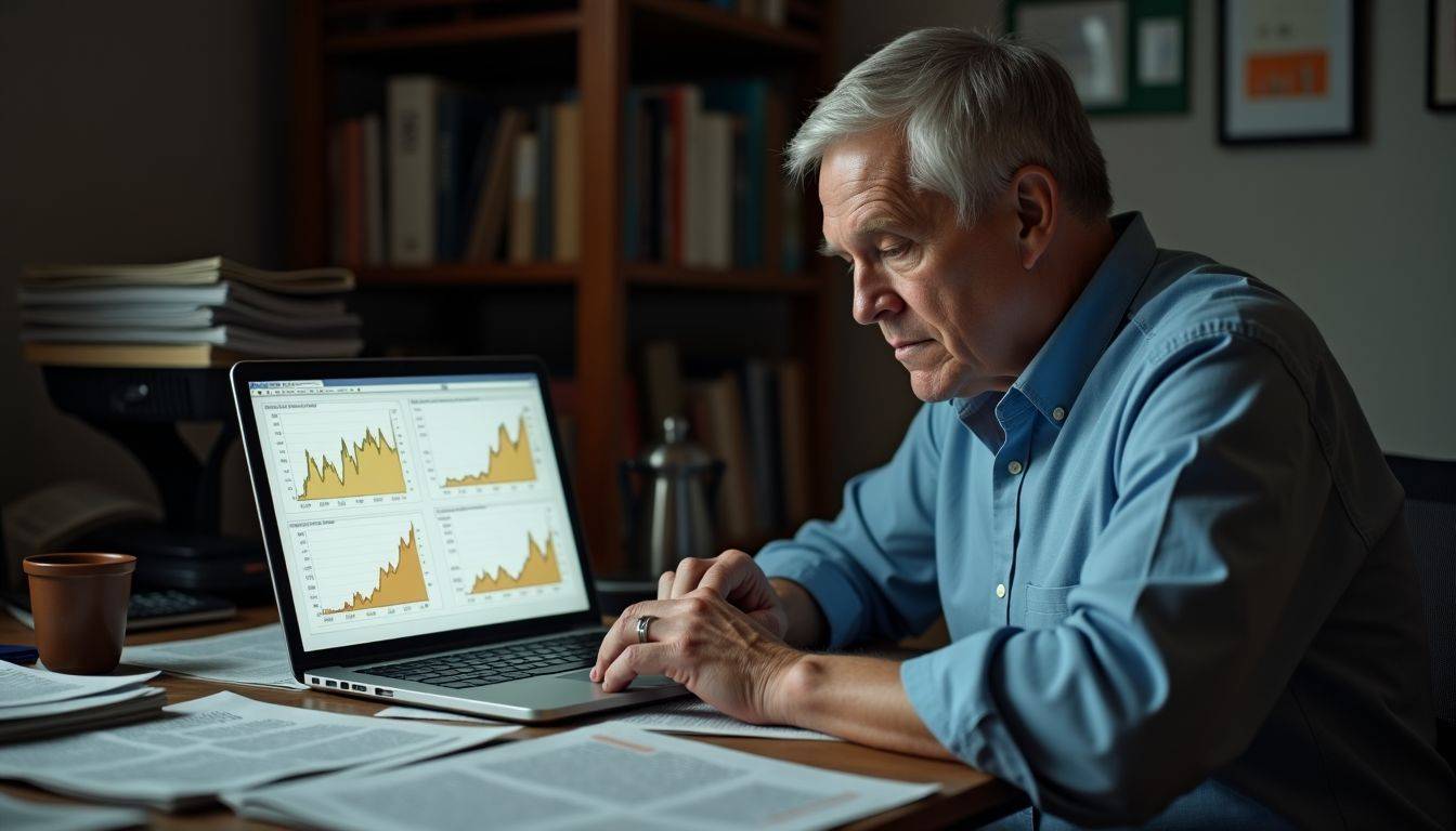 An elderly man analyzing gold price charts at cluttered desk.