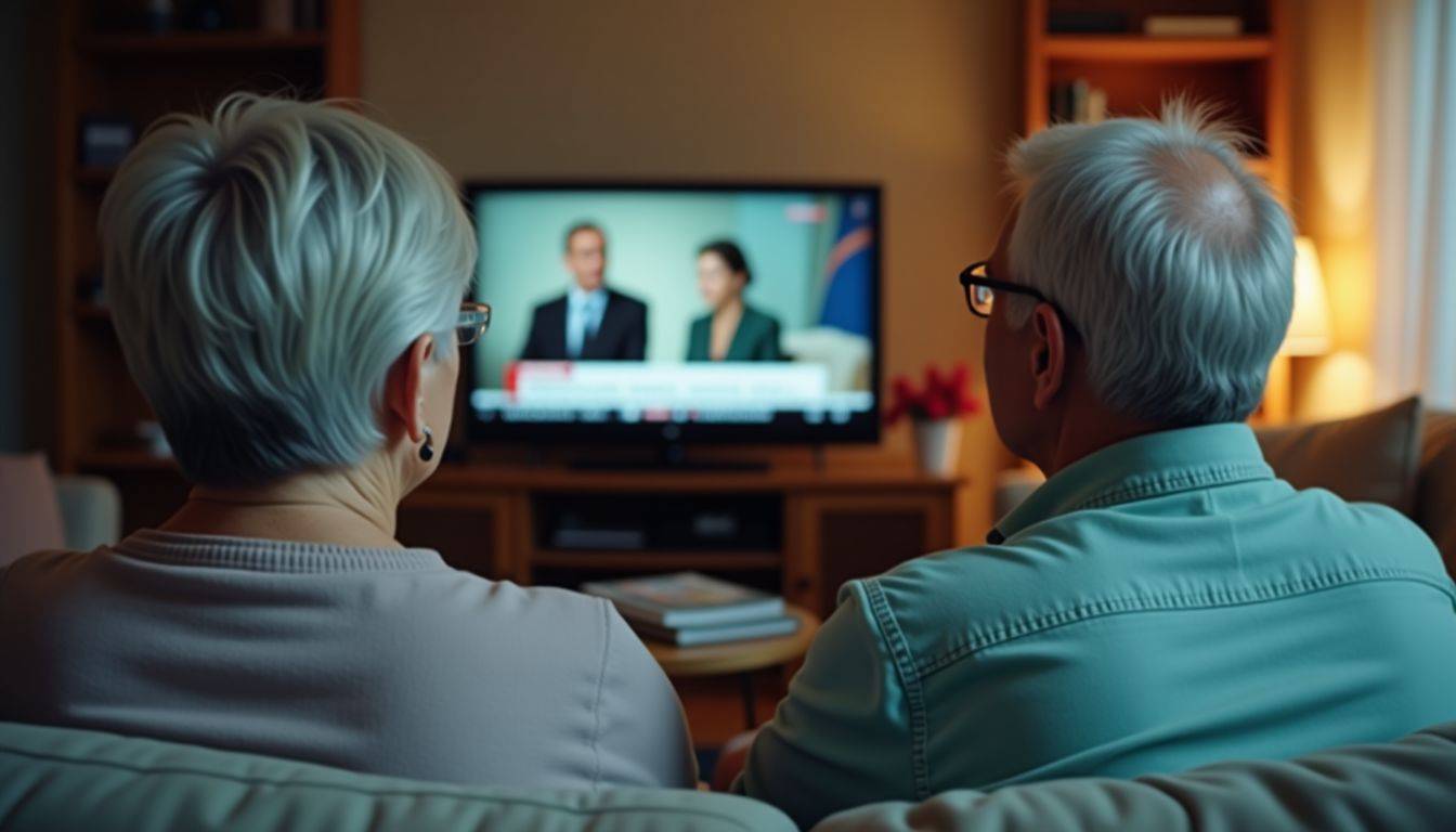 Elderly couple watching news about gold prices in living room.