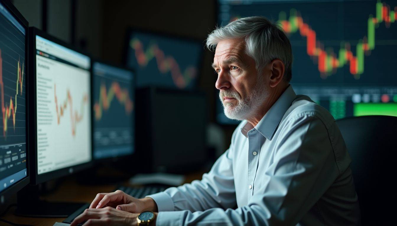 An older man in a trading room gazes at gold prices.