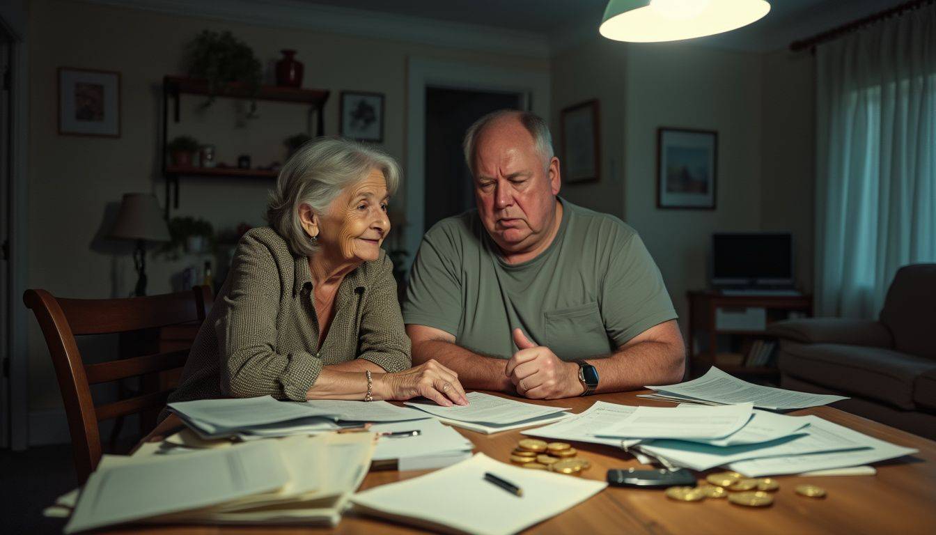 An older couple sitting at a cluttered table with financial documents.