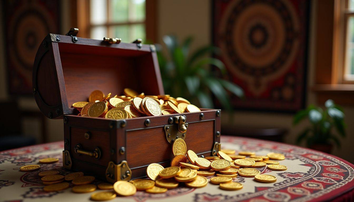 An antique treasure chest filled with gold coins and nuggets.