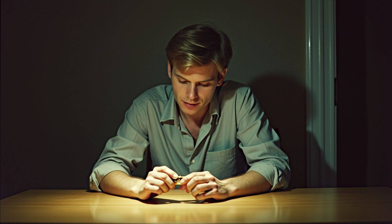 A person examines a gold bar at a wooden desk in a dimly lit room.