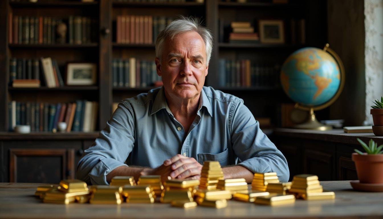 A man inspecting gold bars and coins on a table in a dimly lit room.