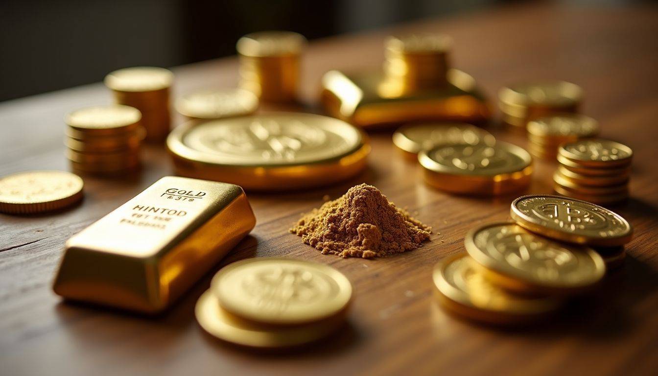 Various gold investment options arranged on a wooden table.