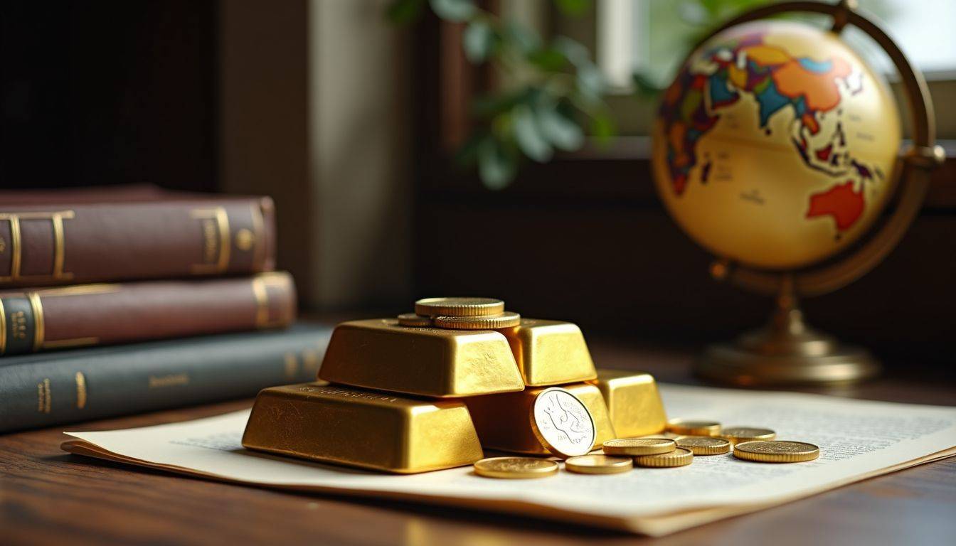 The image shows gold bars and coins with financial books and a globe.