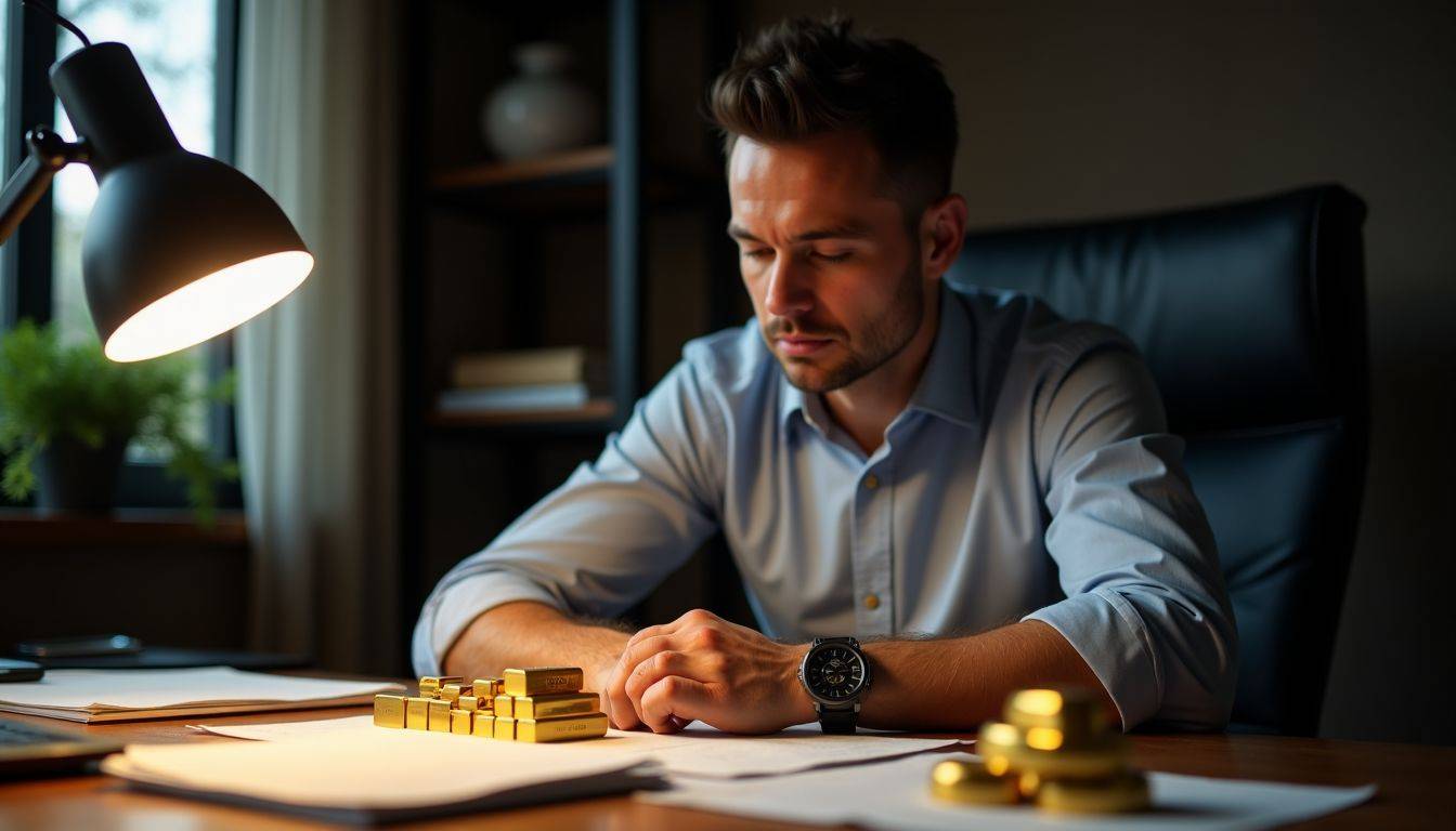 A middle-aged man considers various gold investment products at his desk.