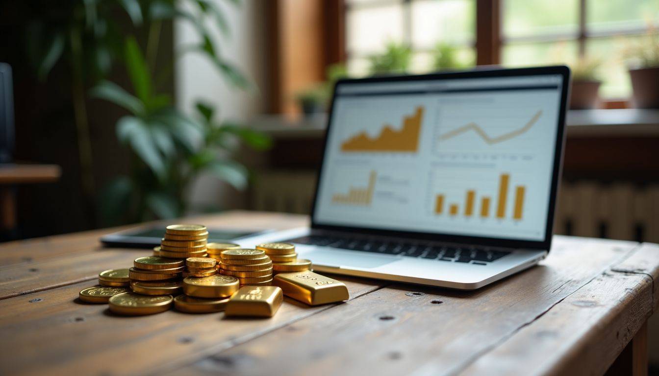 A table with gold coins, a laptop, and investment charts.