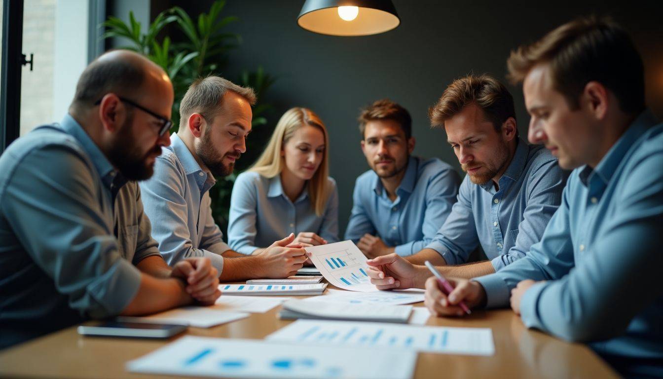 A group of financial analysts analyzing charts and economic reports.