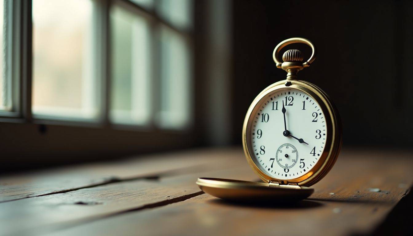 An antique brass pocket watch sits on a wooden desk near a gold price graph.