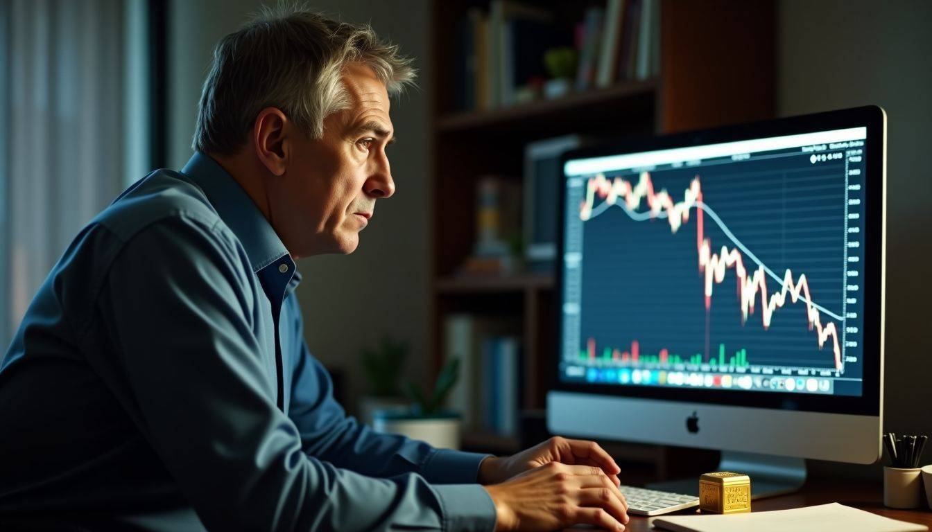 A worried man at cluttered desk stares at declining stock graph.