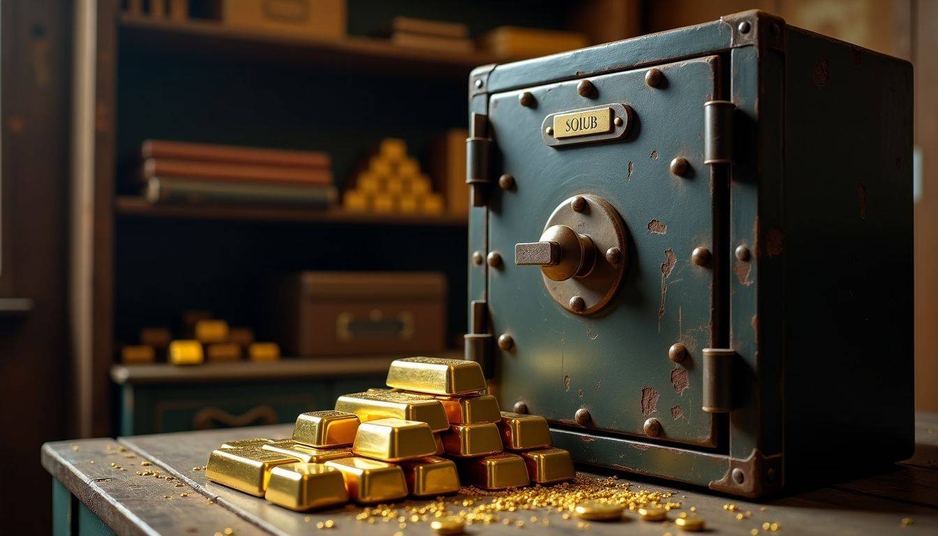 A locked safe filled with shiny gold bars in a dimly lit room.