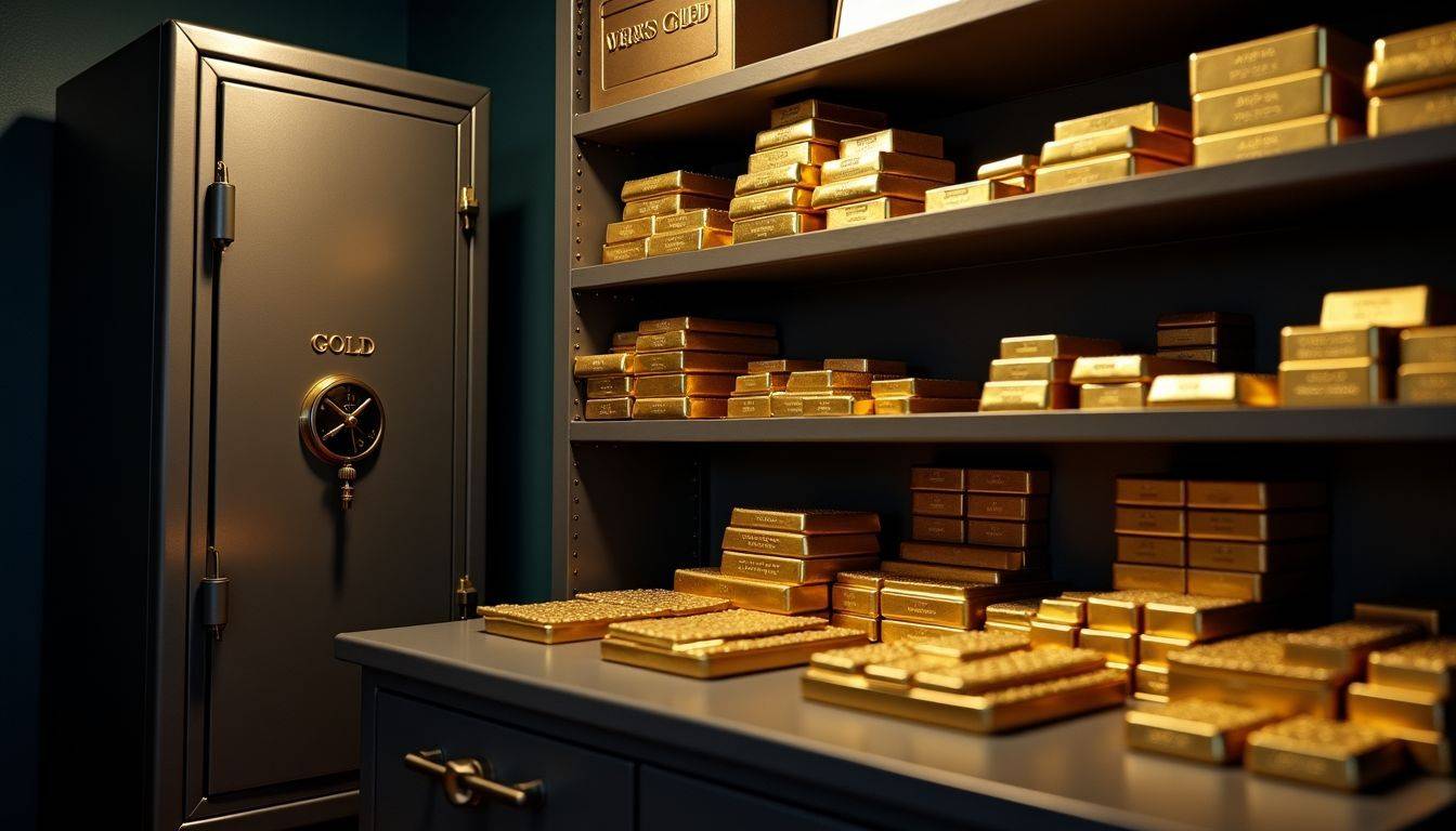 A room containing a safe filled with gold bullion and ETF certificates.