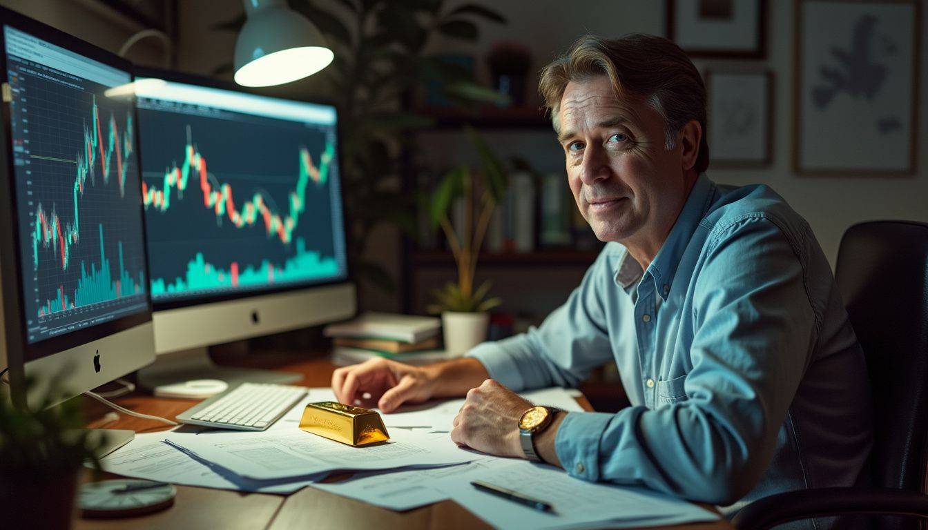 A man sits at a cluttered desk with financial reports.