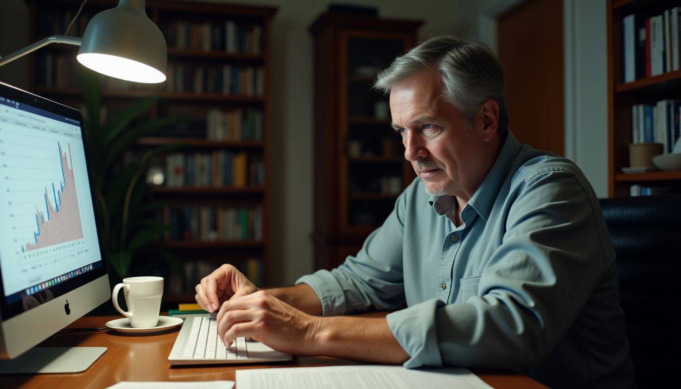 A middle-aged man analyzes gold rates on cluttered desk at home.