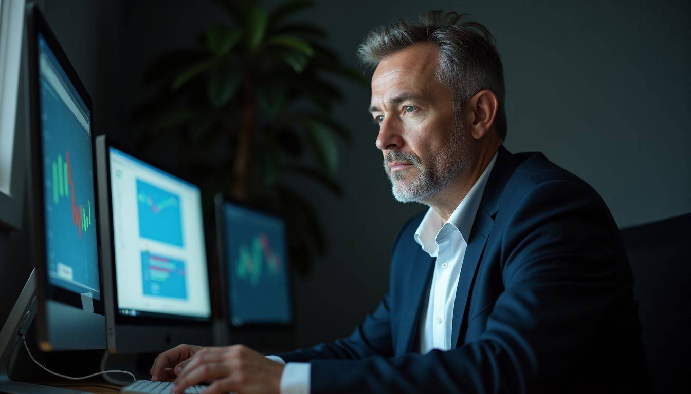 A middle-aged man in a business suit working in a home office.