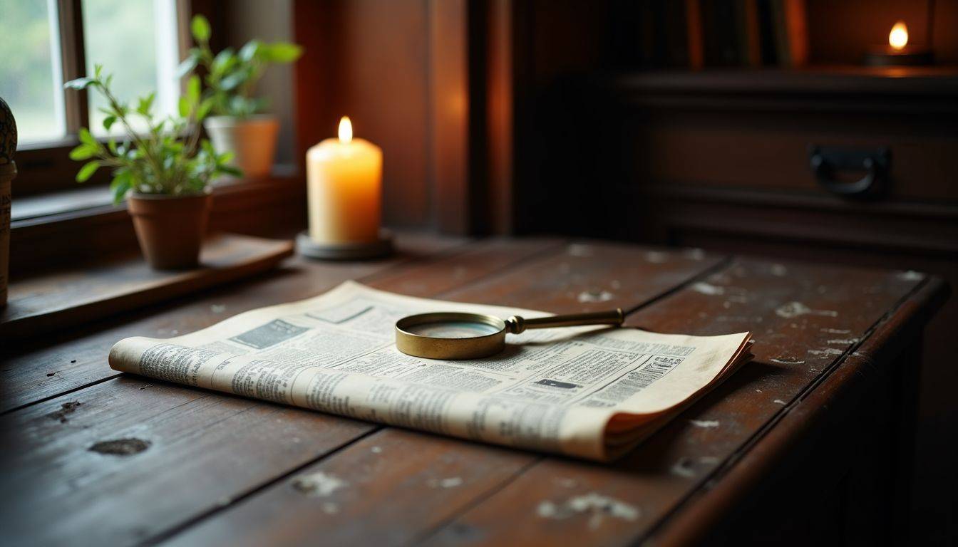 An antique wooden desk covered with financial newspapers and a vintage magnifying glass in a cozy, rustic study.