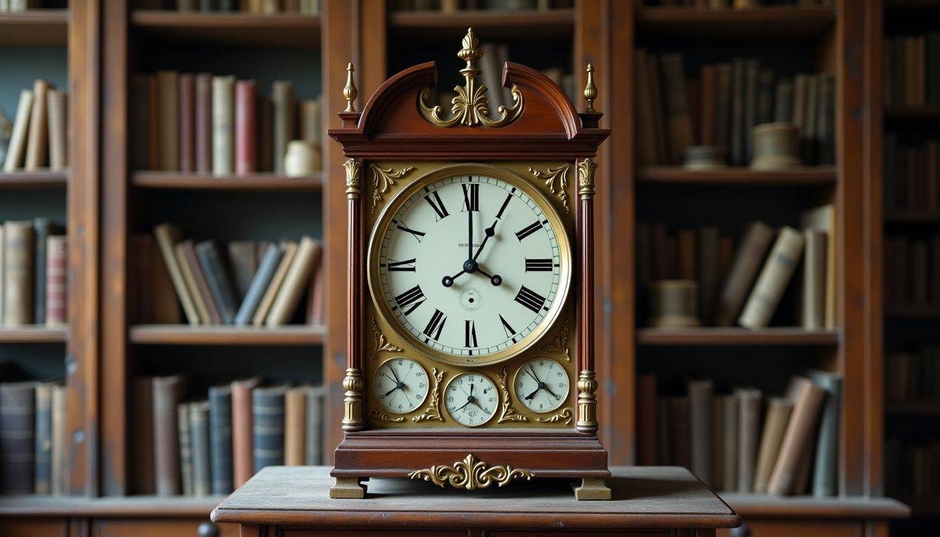 An antique clock displaying multiple time periods in a historical room with old books and artifacts.