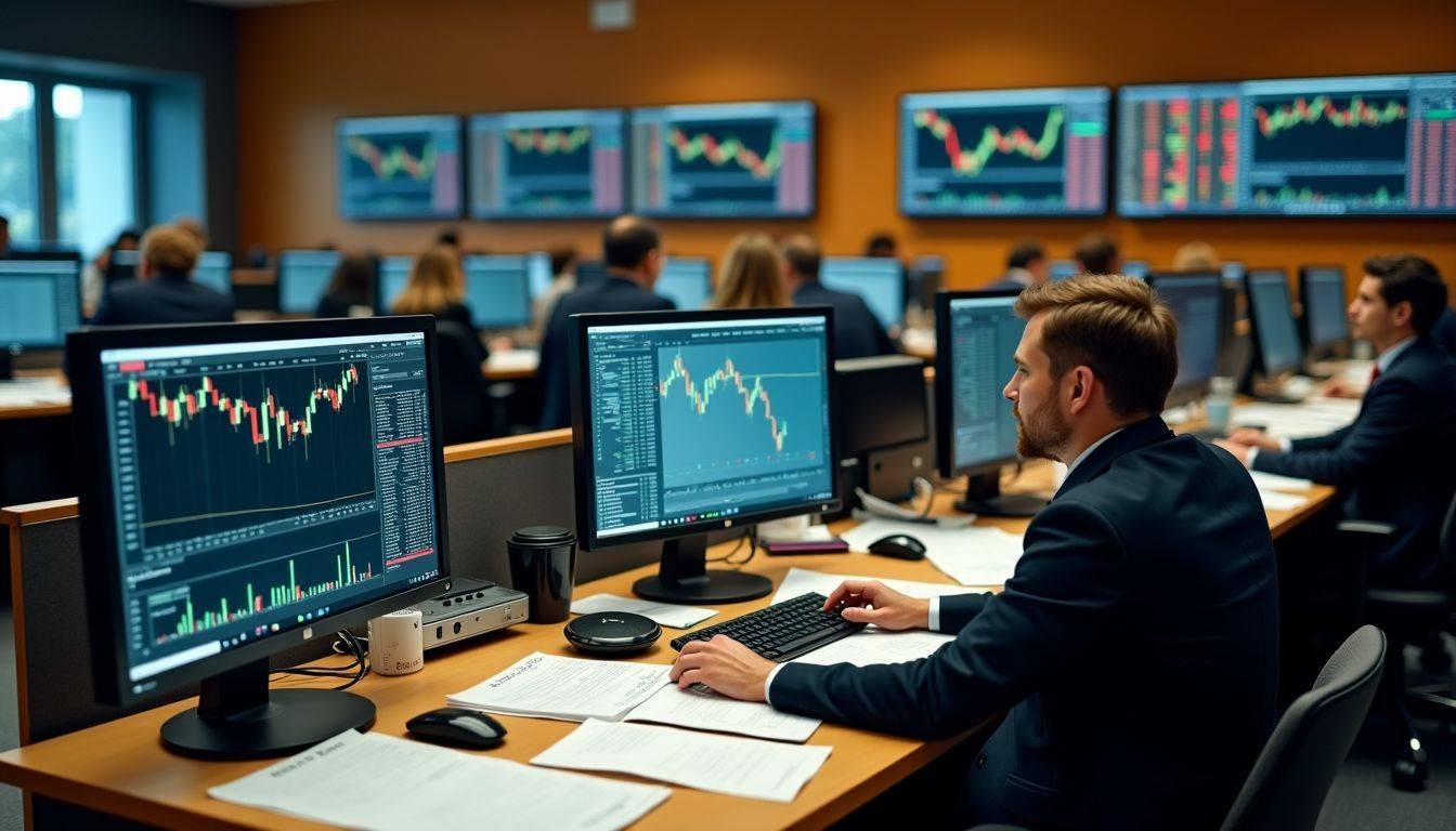 A trading room with changing gold prices displayed on computer screens.