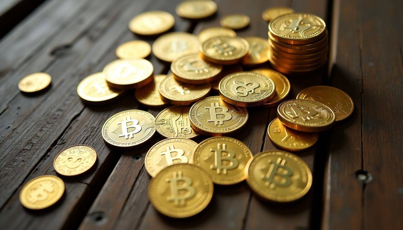 Various gold coins and bars spread on a weathered wooden table.