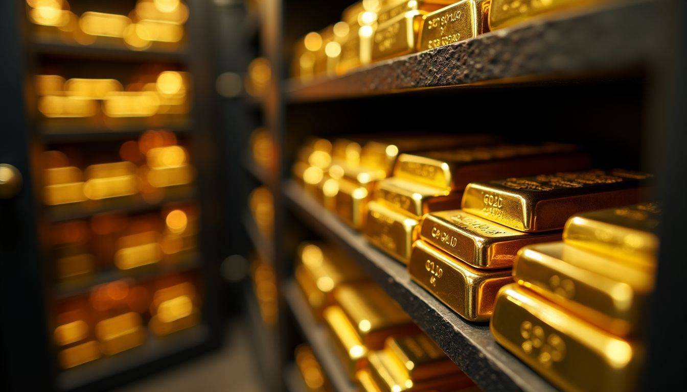 A secure vault filled with shelves of gold coins and bars.