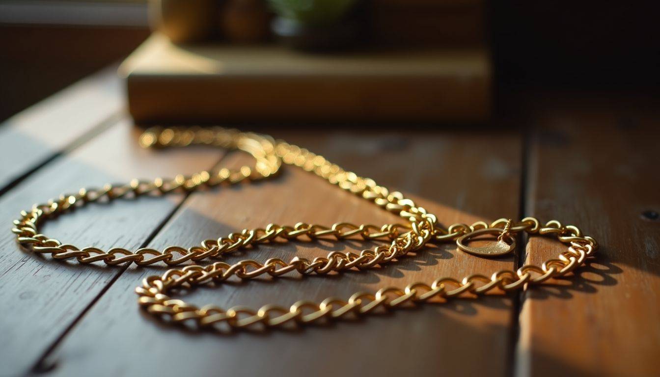 An elegant gold necklace resting on a vintage wooden table.