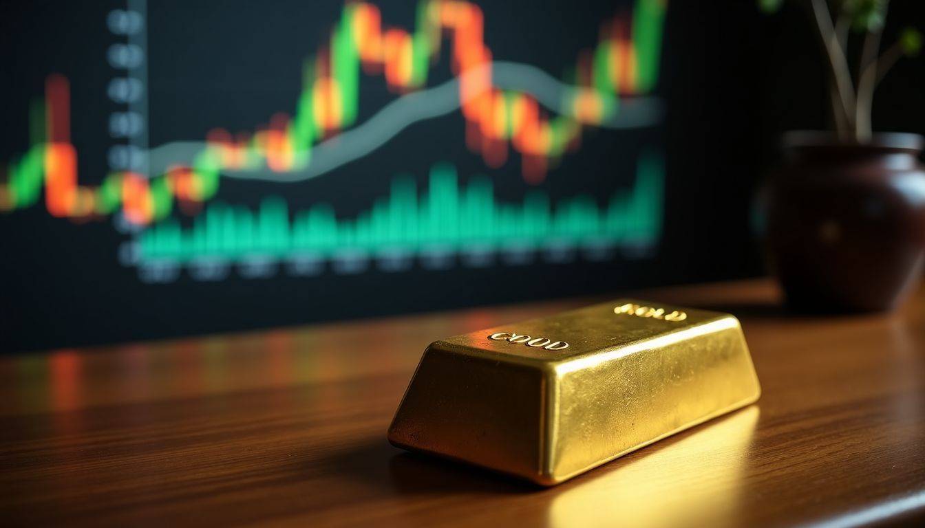 A gold bar on a table with financial charts projected in the background.