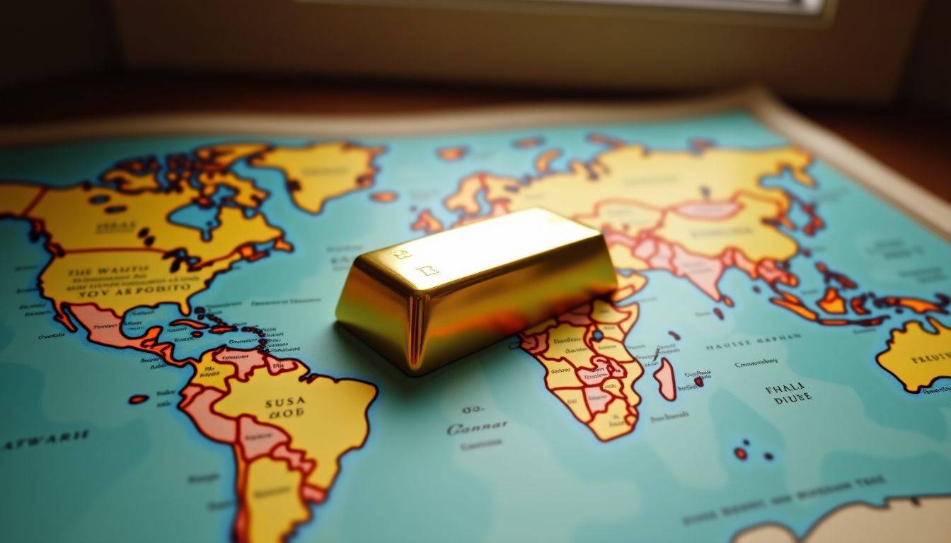 A gold bar rests on an antique world map in softly lit room.