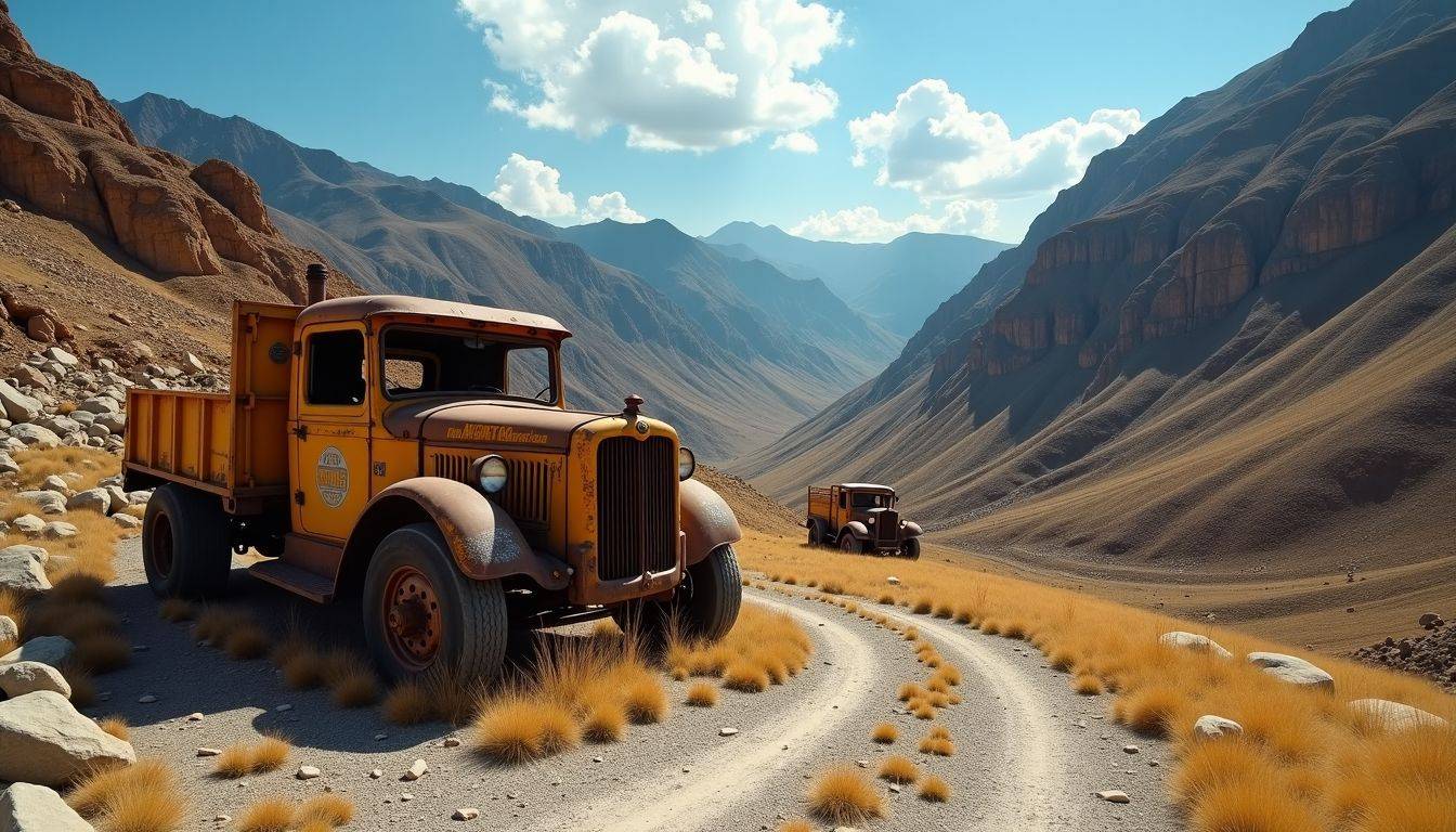 An abandoned gold mine with rusting equipment in rugged mountains.