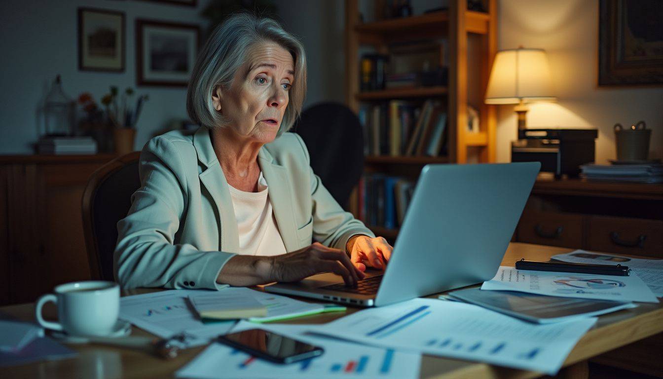 A middle-aged woman at a cluttered desk, focused on financial news.