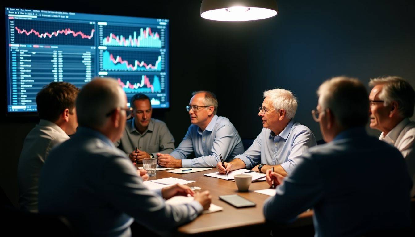 A group of middle-aged and older investors are gathered around a screen displaying financial charts.