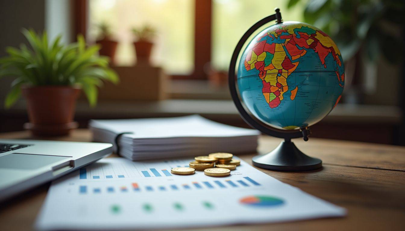 A rustic desk with financial items and a globe.