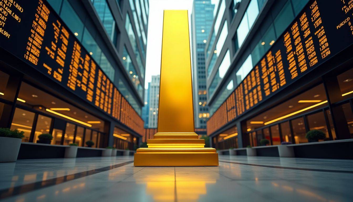 A deserted stock exchange floor with falling stock charts and a bright gold tower.