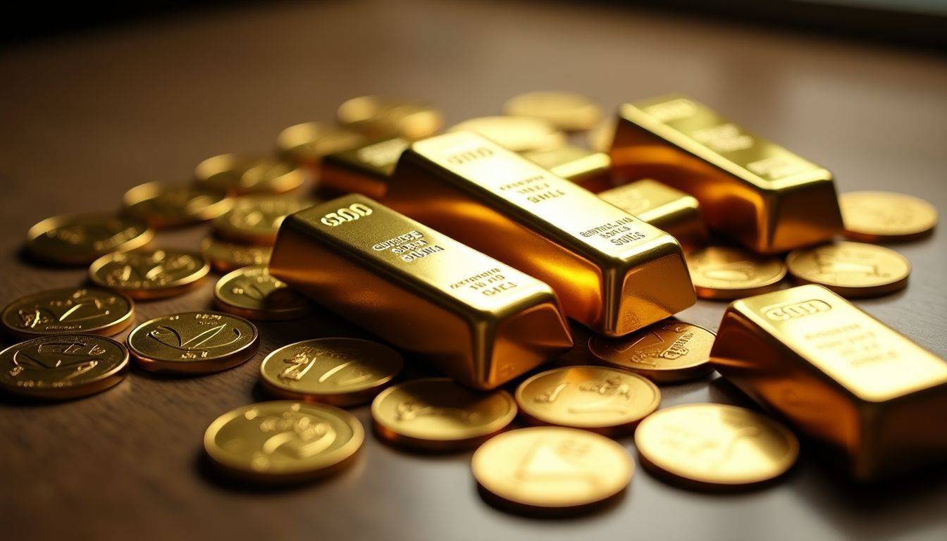 A collection of shiny gold bars and coins arranged in a room.