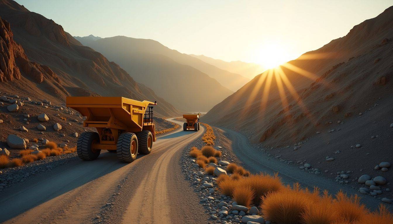 A remote gold mine nestled in the mountains under warm sunlight.