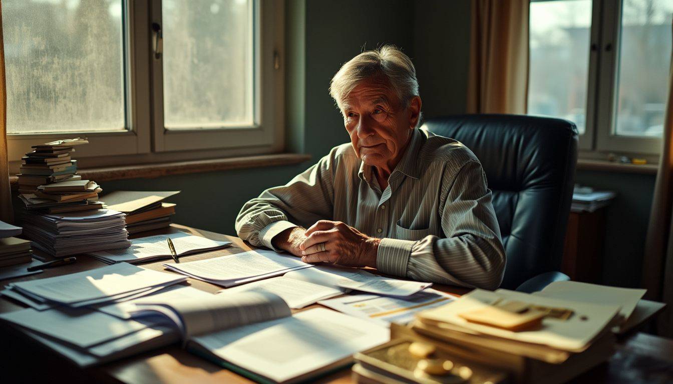 An older man considers investing in gold at cluttered desk.