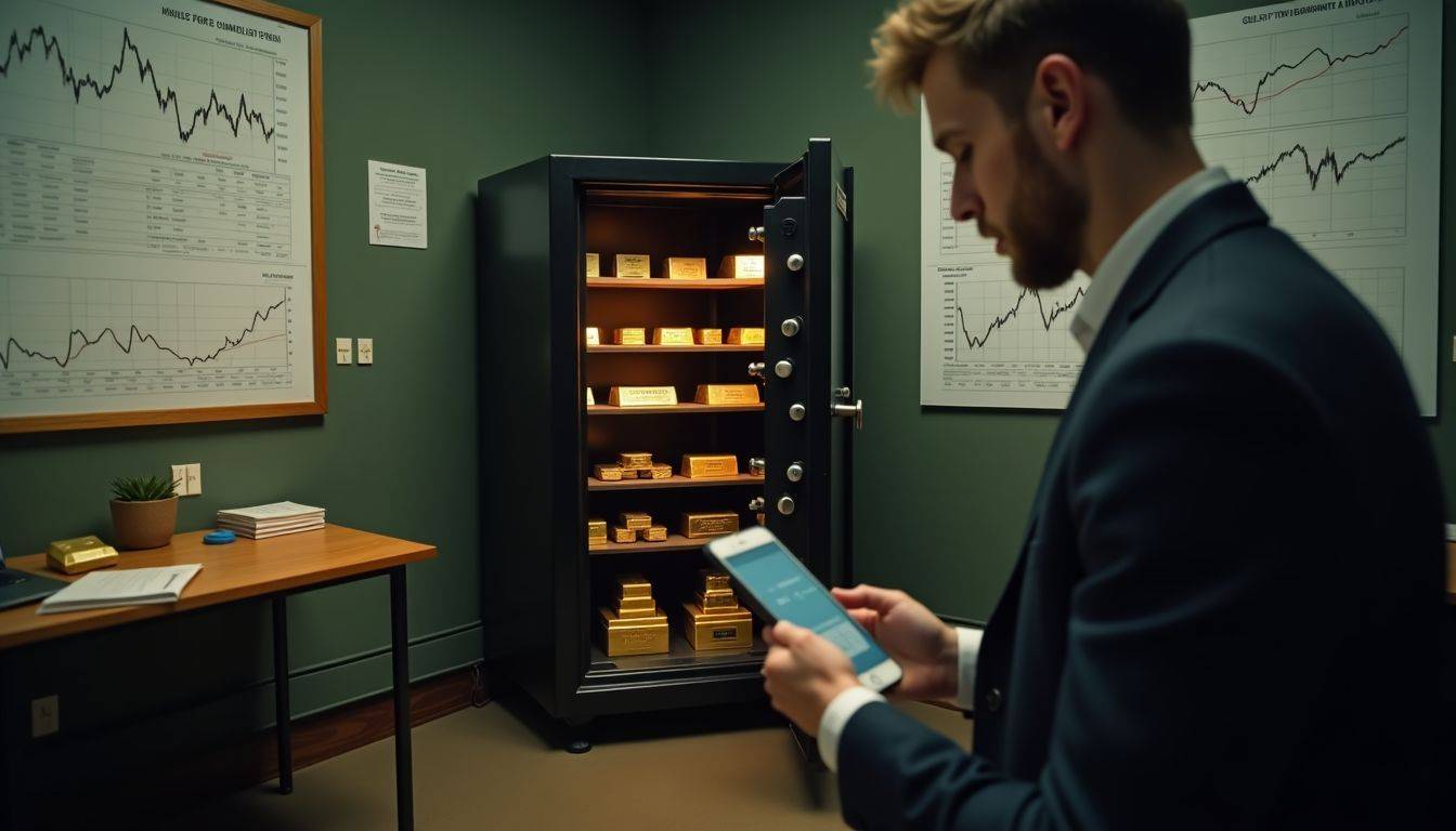 The image shows a dimly lit room with a safe containing gold bars, coins, and certificates, as well as charts illustrating gold market trends.