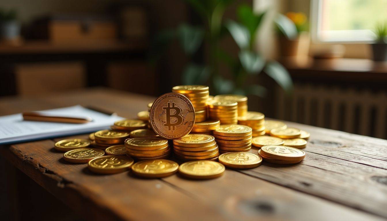 Various gold investment options displayed on a wooden table.