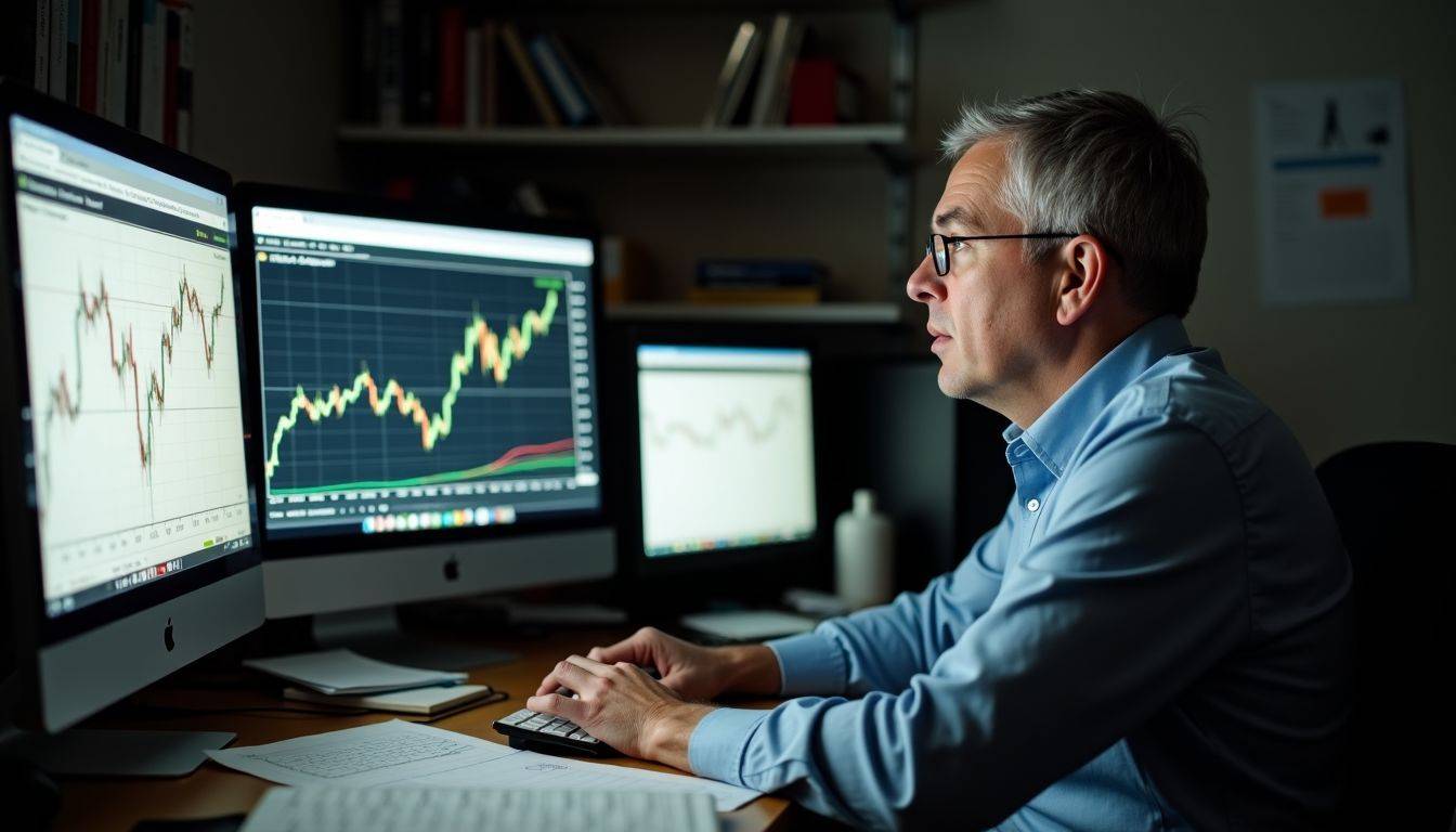 A man sitting at a cluttered desk, analyzing real-time gold data.