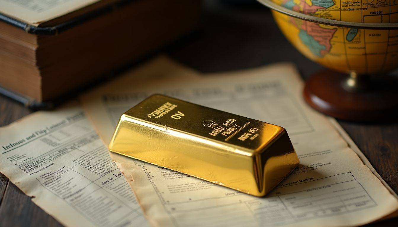 Close-up of a shiny gold bar on a wooden desk with financial documents and a vintage globe.