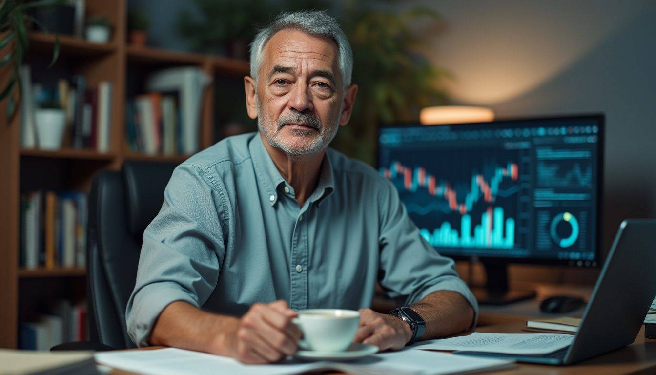 A man works in a home office with a computer and coffee.