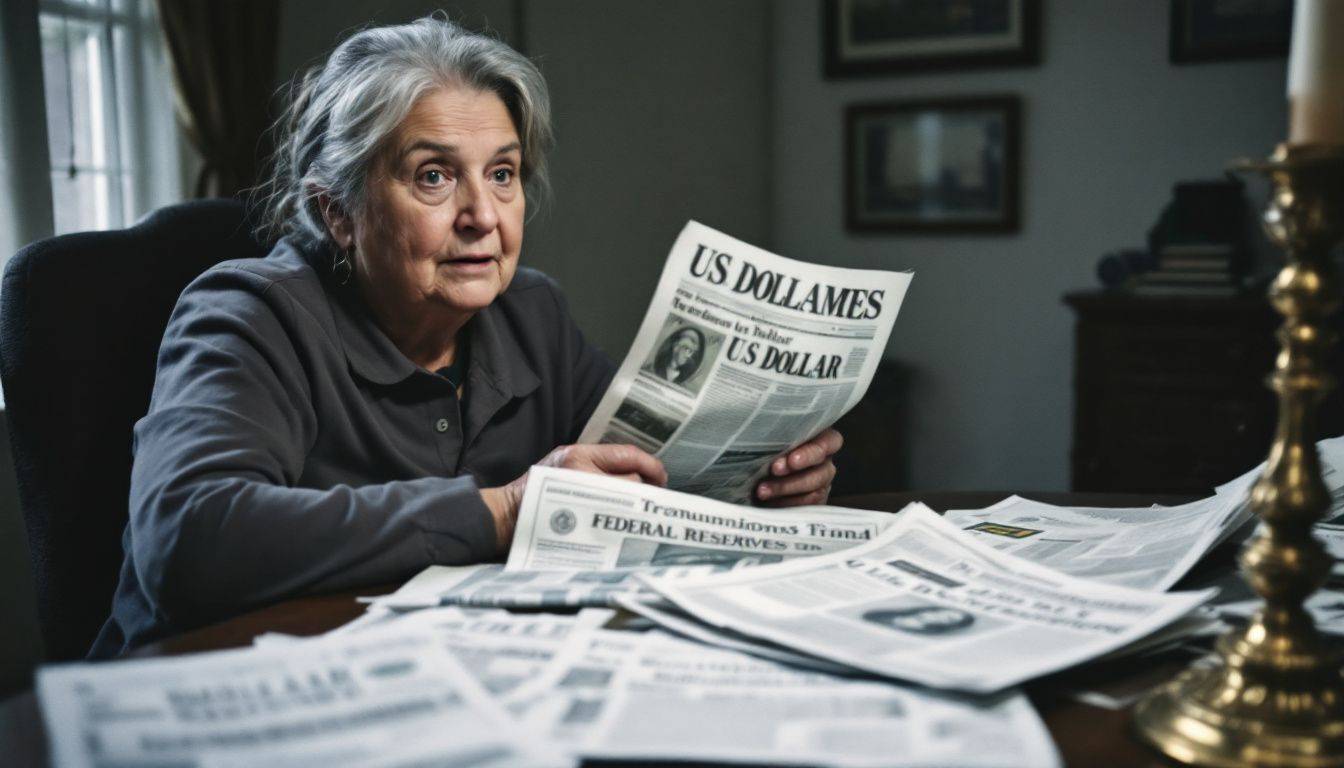 Elderly woman examining financial documents at cluttered table.