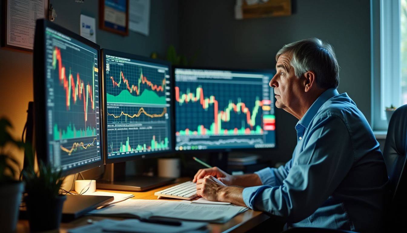 A man monitors real-time market updates on multiple computer screens.