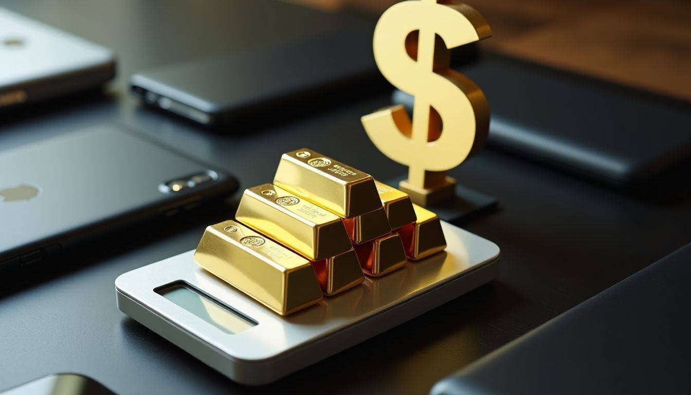 A stack of gold bars on a scale with technological gadgets.